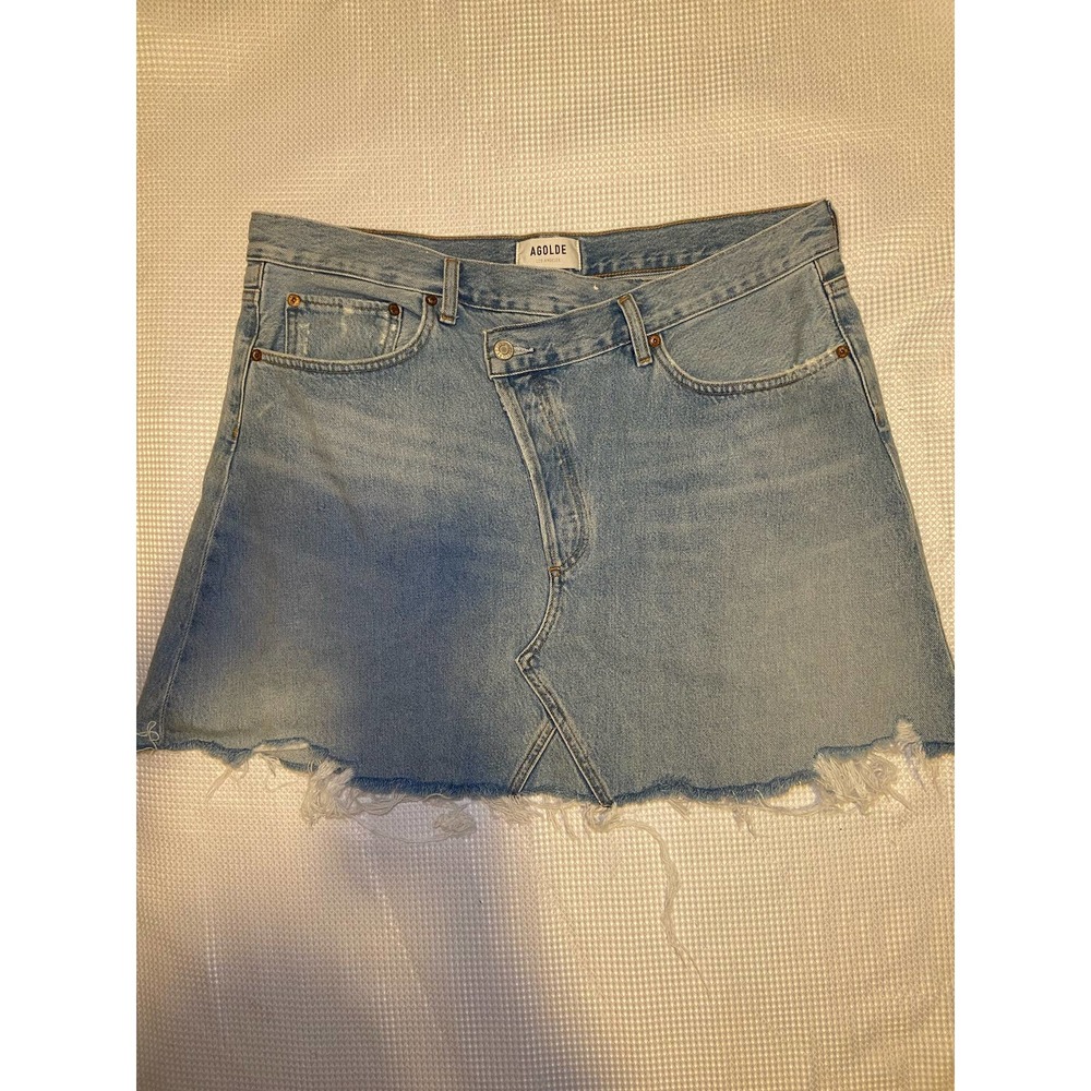 Agolde Light Wash Denim Midi Skirt with Frayed Hem- size 33 - Picture 2 of 6